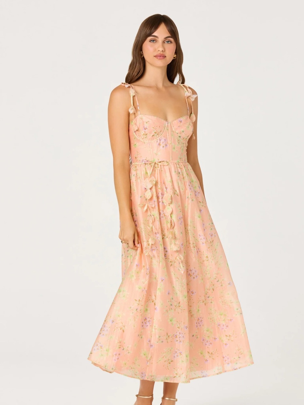 ASTR Peach Floral Maxi Dress with Tie Shoulders